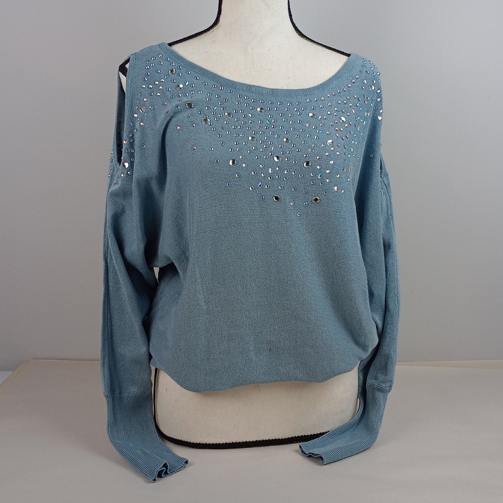Venus Womens M Blue Rhinestone Cold Shoulder Long Sleeve Knit Pullover Sweater